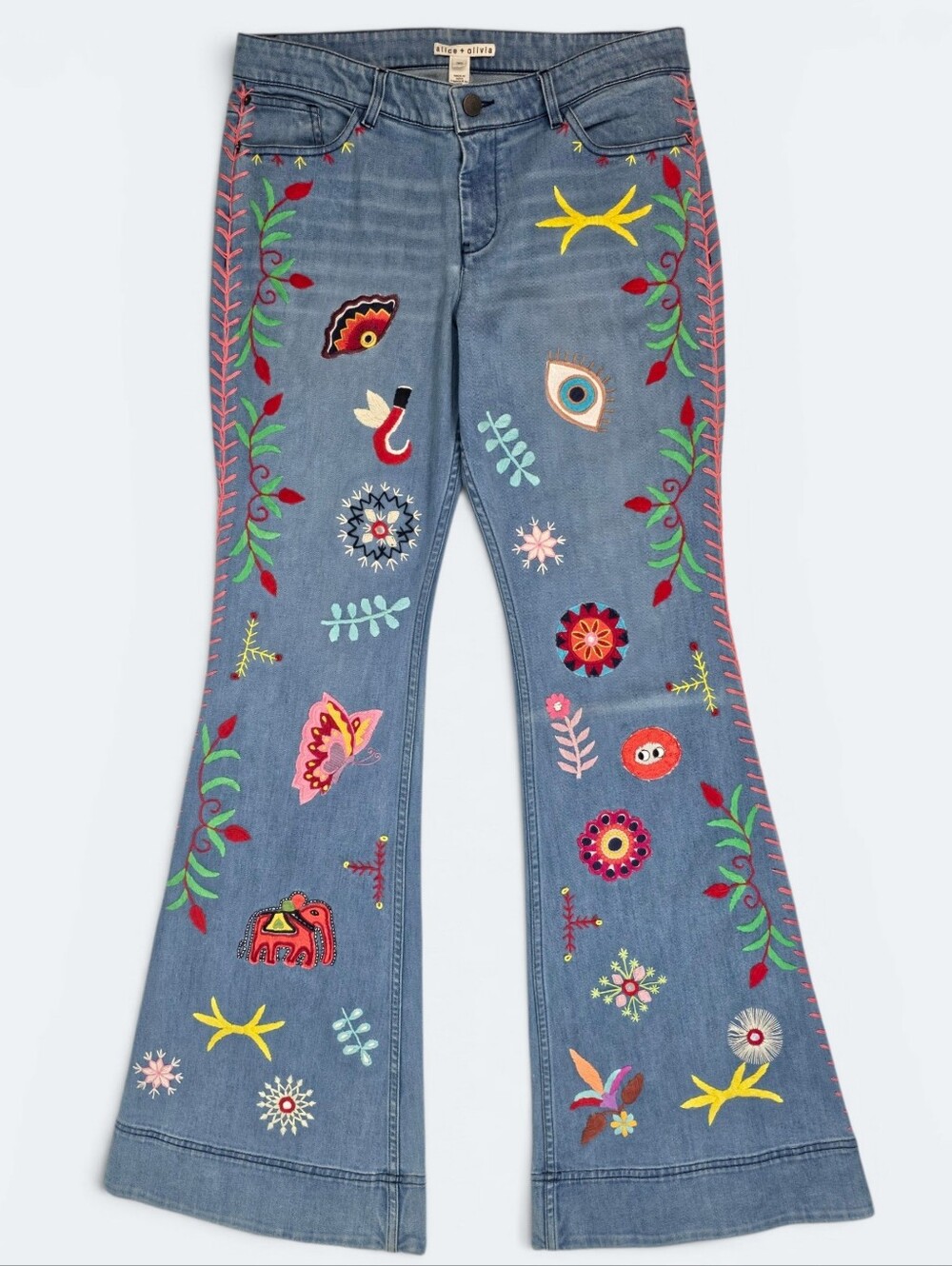 Alice + Olivia Embroidered Flare Jeans Floral Butterfly Eye Size 30 NWT Boho